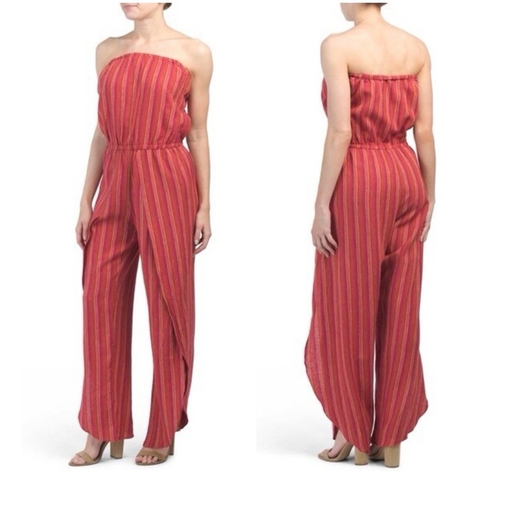 Drew Emerson Walk Through Tulip Hem Strapless Linen Blend Jumpsuit Red Multi Sm